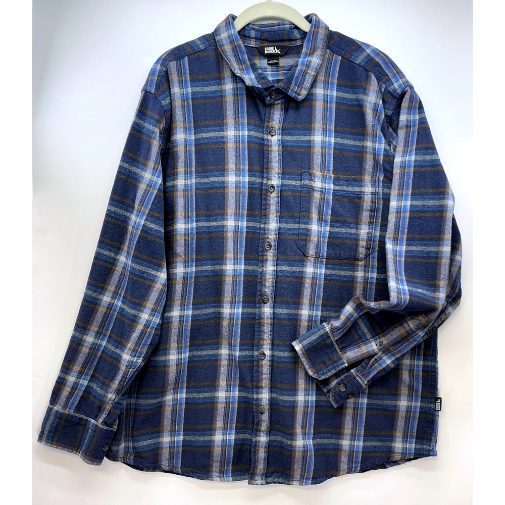 Eddie Bauer Blue‎ Plaid Cotton Flannel Button Up Shirt Sz XXL Gorpcore Grunge